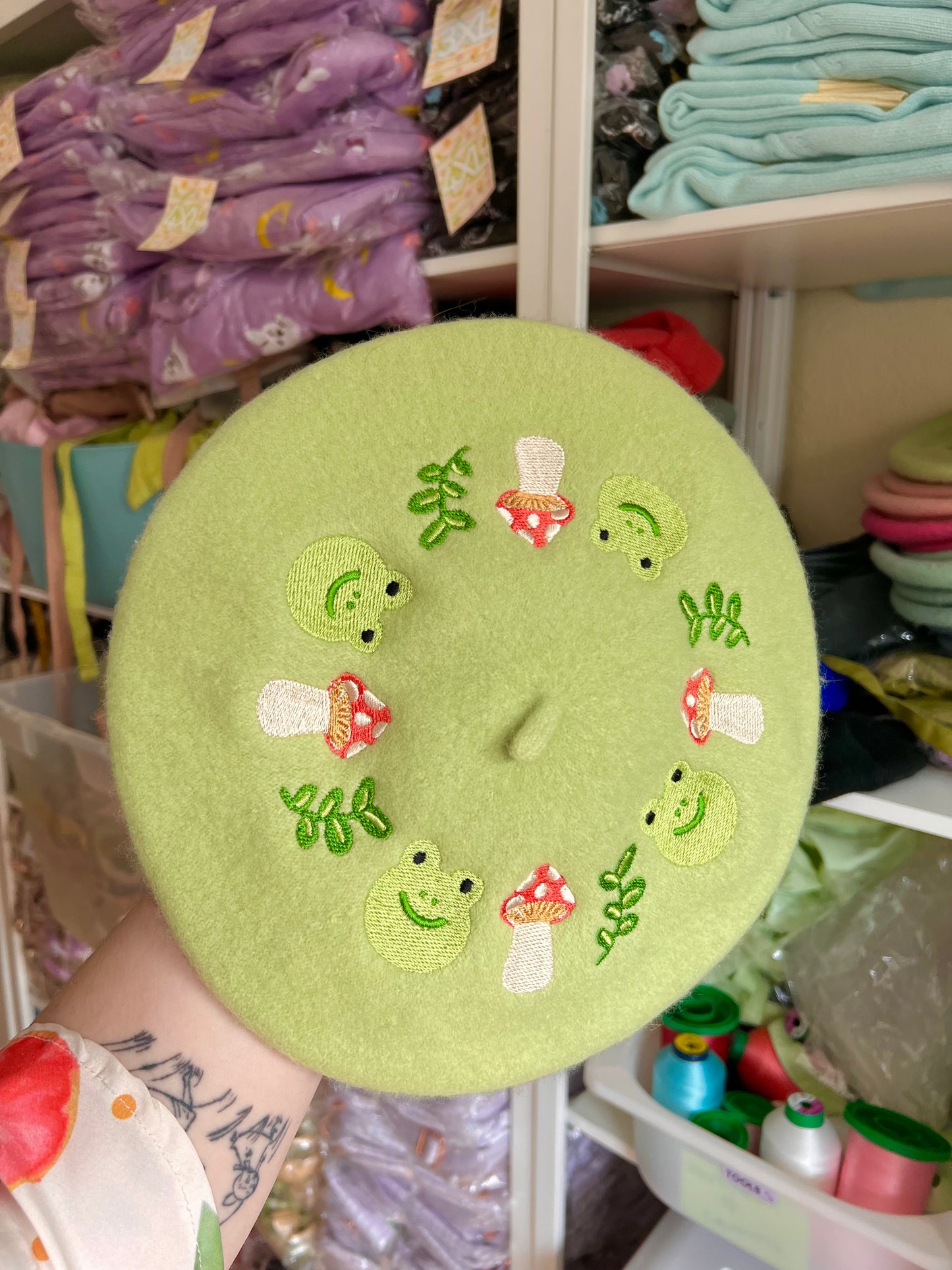Frog & Mushroom Embroidered Beret!