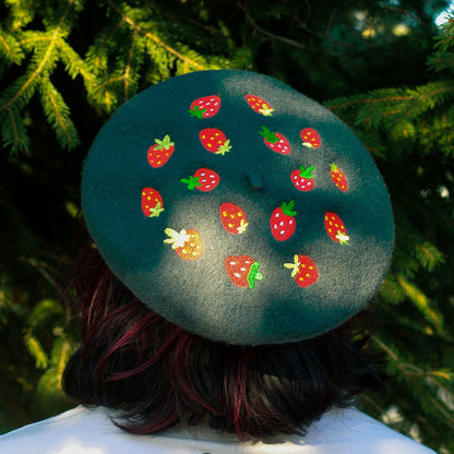 Strawberries Embroidered Beret!