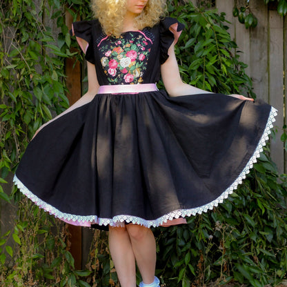 Black Floral Tea-Length Bouffant Dress - One of a kind!