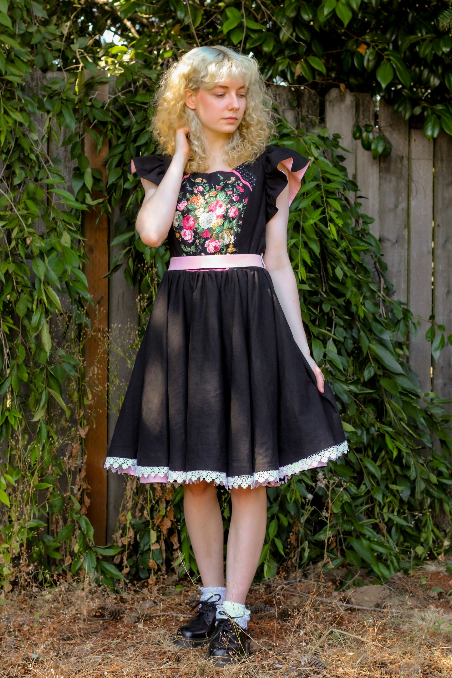 Black Floral Tea-Length Bouffant Dress - One of a kind!
